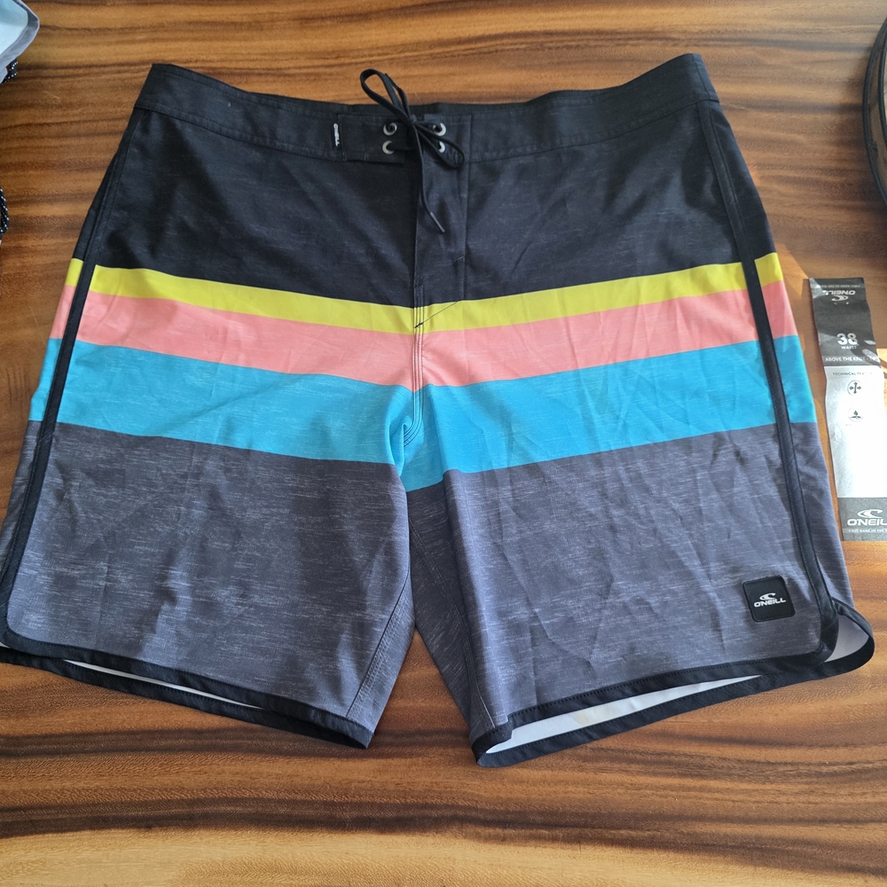 O'Neill Black Swim Shorts with Yellow, Peach and Blue Stripes